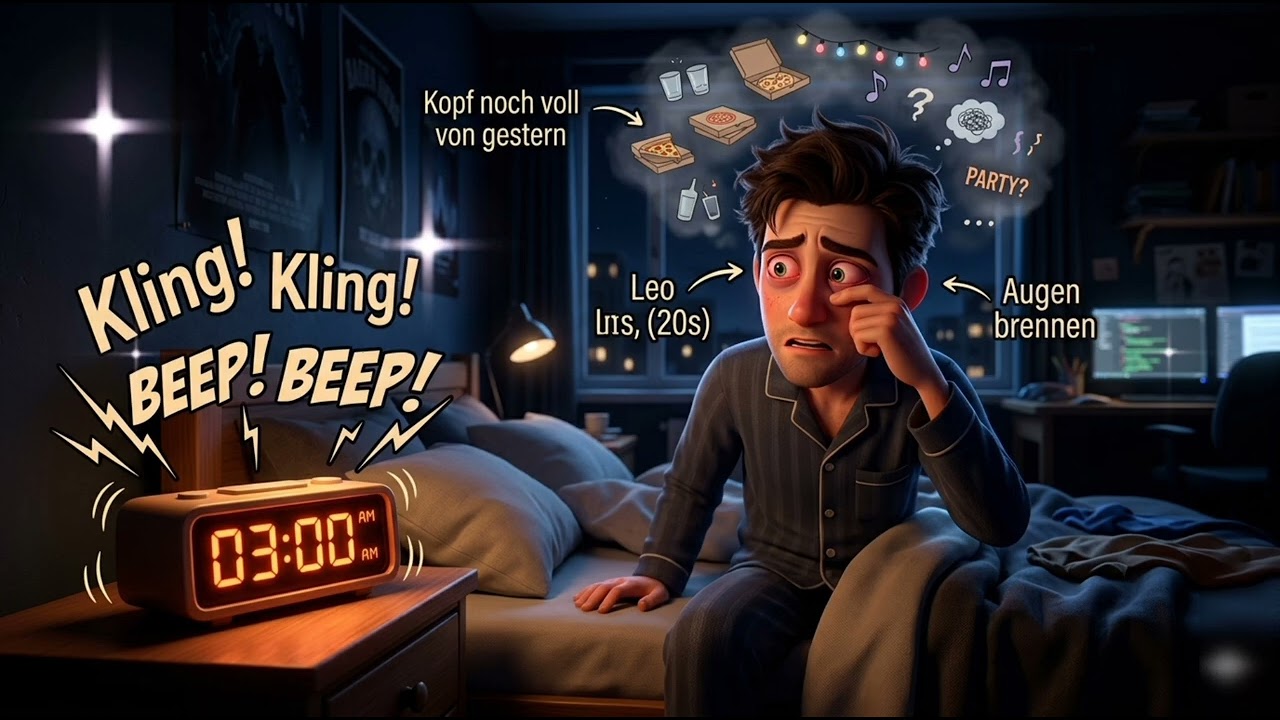 Der Wecker schreit. Augen brennen