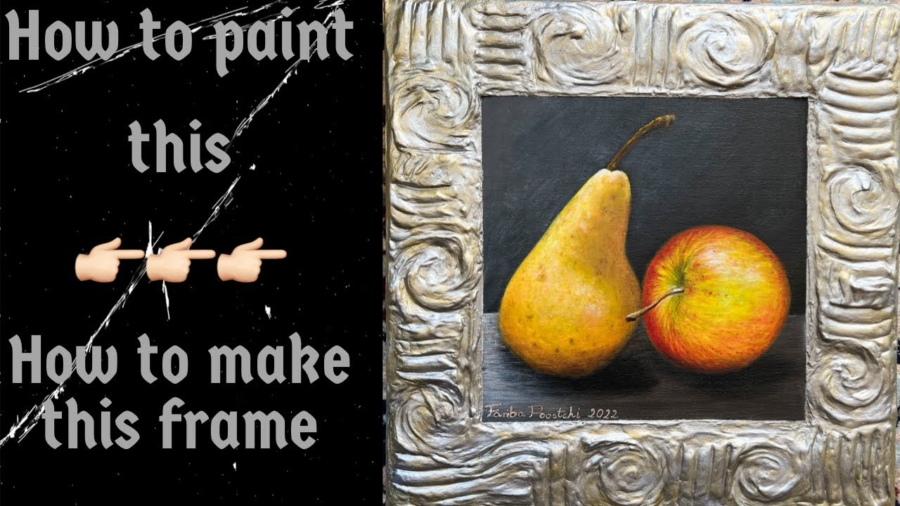 Still life pear & apple acrylic painting with a textured frame