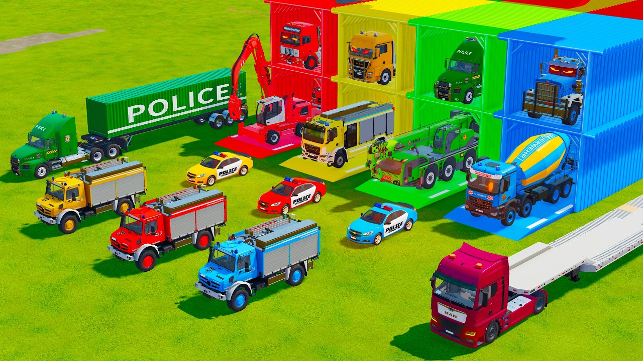 ALL RESCUE VEHICLES, POLICE CARS, EXCAVATOR, MOBILE CRANE, MIXER TRUCK TRANSPORT TO GARAGE - FS22