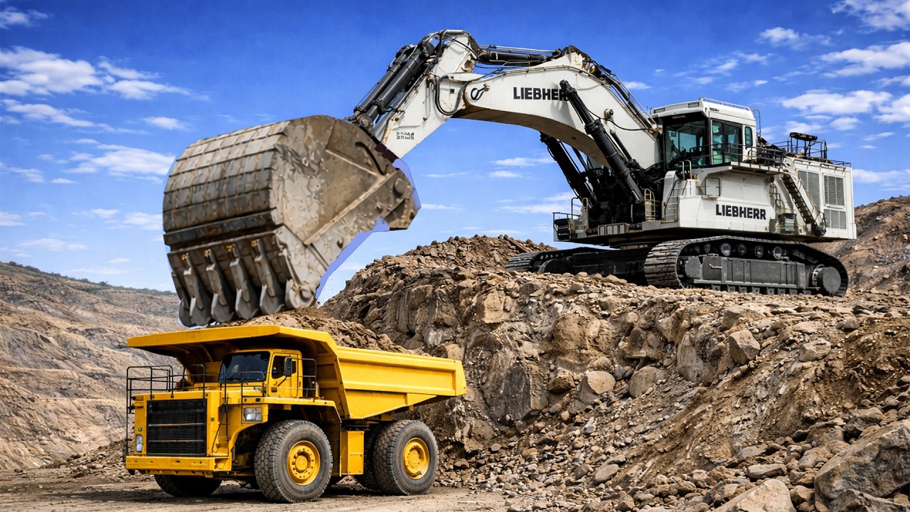 Giant Liebherr Excavator Loading Massive Mining Trucks – Extreme Mining Action