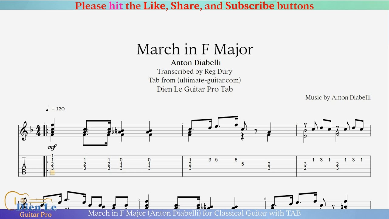 March in F Major (Anton Diabelli) for Classical Guitar with TAB