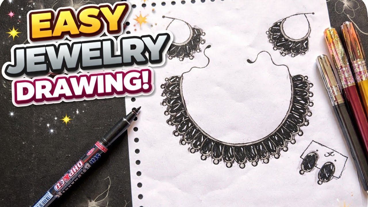 Easy Jewellery Drawing for Beginners | Necklace and Earrings Drawing with Black Sketch Pen