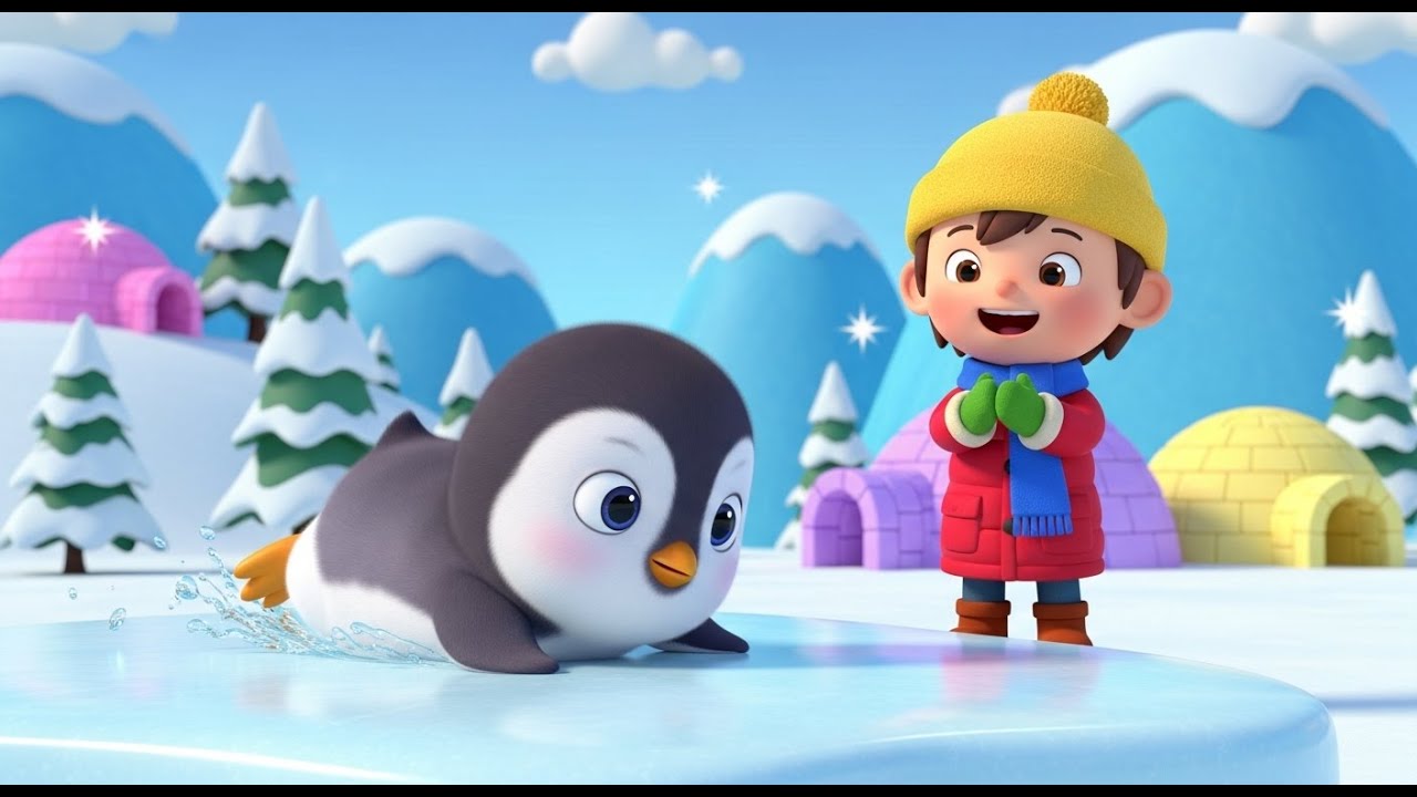 Маленький пингвинёнок катается на коньках