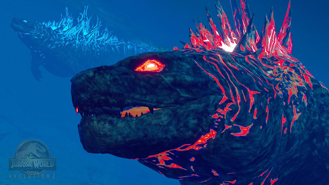 GODZILLA ROJO Y GODZILLA AZUL SE ENFRENTAN A LOS DINOSAURIOS MARINOS! Jurassic World Evolution 2