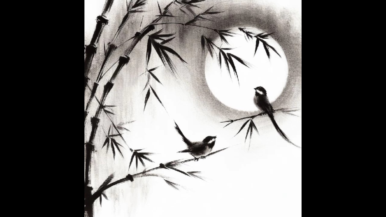 Sumi-e 💚 Birds, bamboo and the moon 🌕 #art #sumie #ink #birds #bamboo #moon