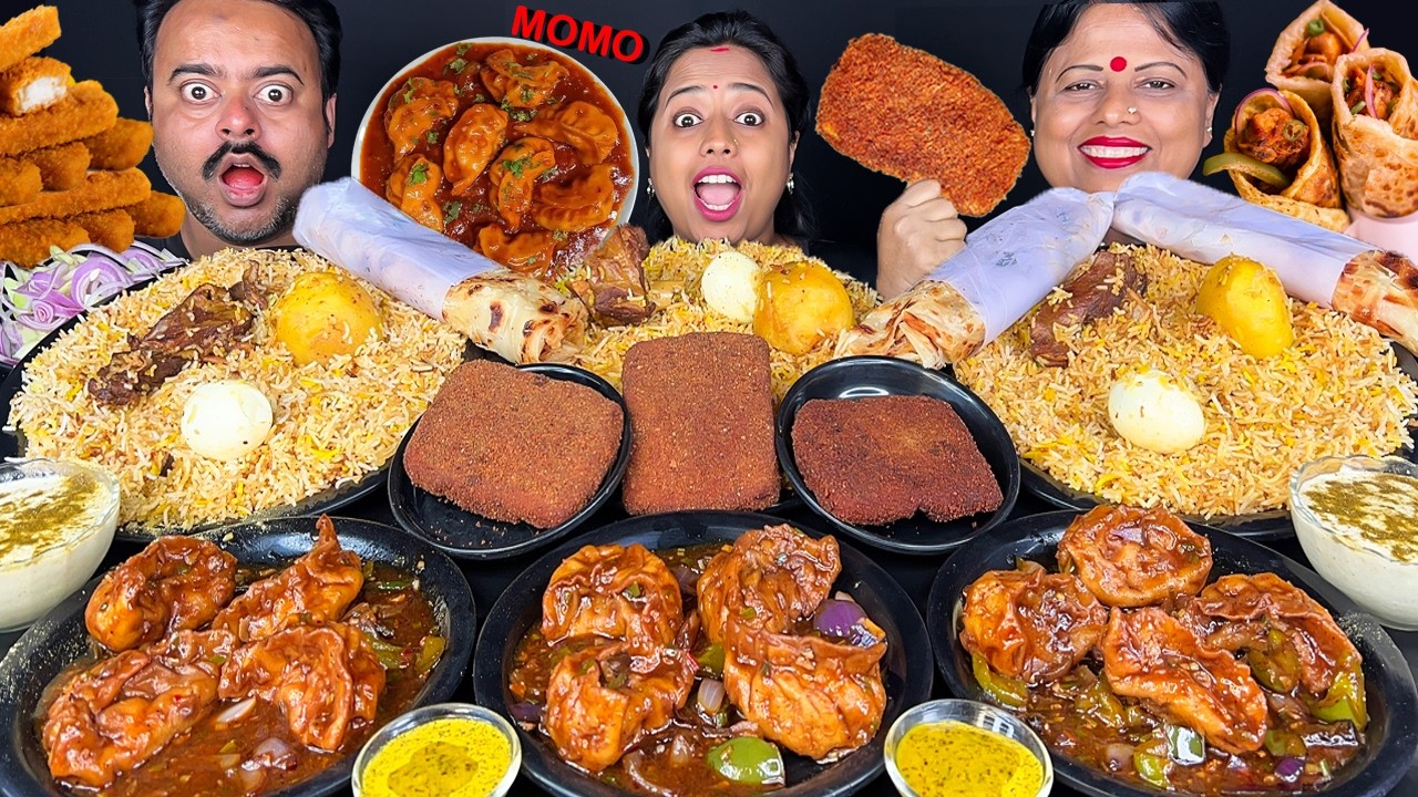 SPICY MOMO vs MUTTON BIRYANI, FISH FRY, EGG ROLL VIRAL EATING SHOW MUKBANG ASMR WITH PUNISHMENT