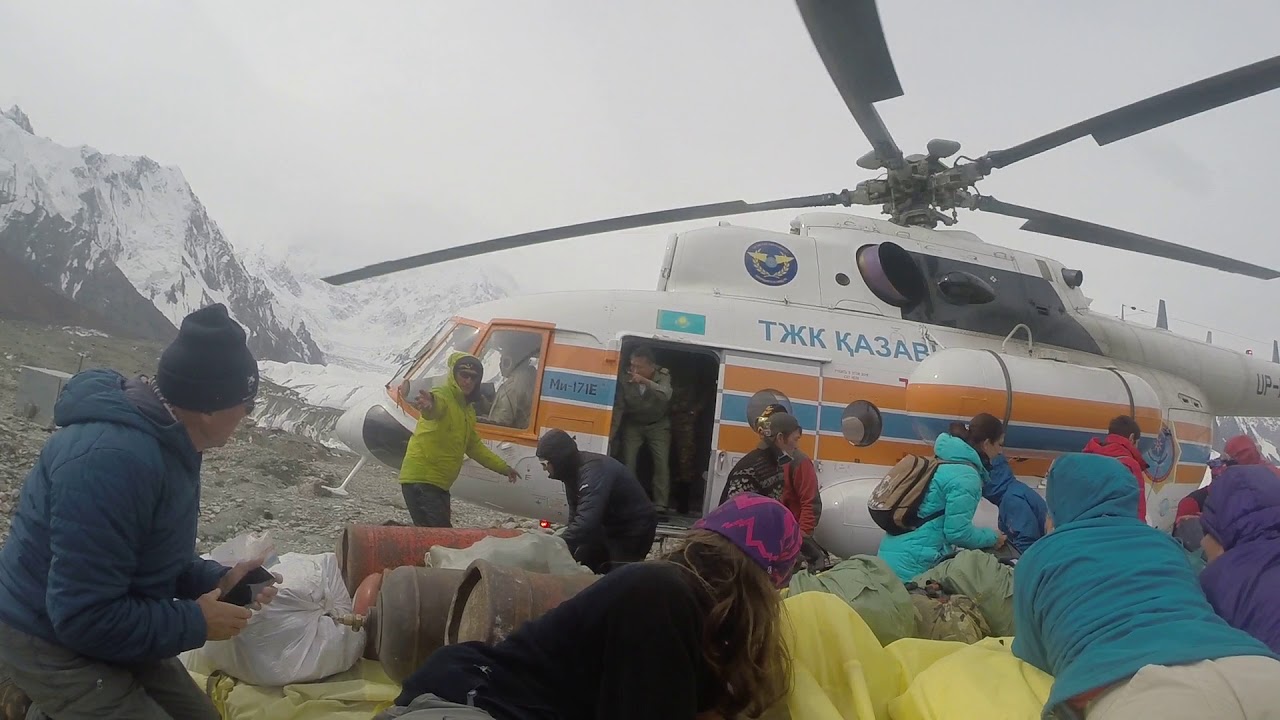 Helicopter at South Inylchek Glacier Base Camp (Mind your head!)
