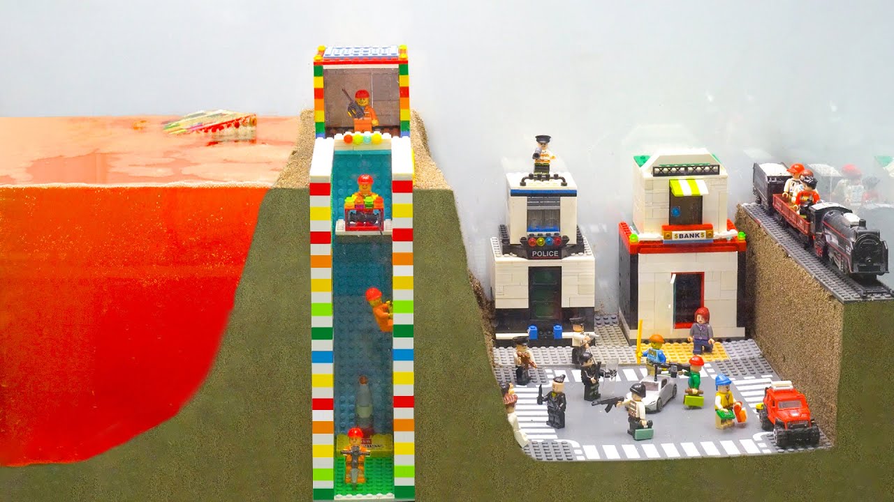 Lego Dam Breach Experiment - Dam Collapse & Underground Lego Mine Flooding - Lego City Bank Robbery