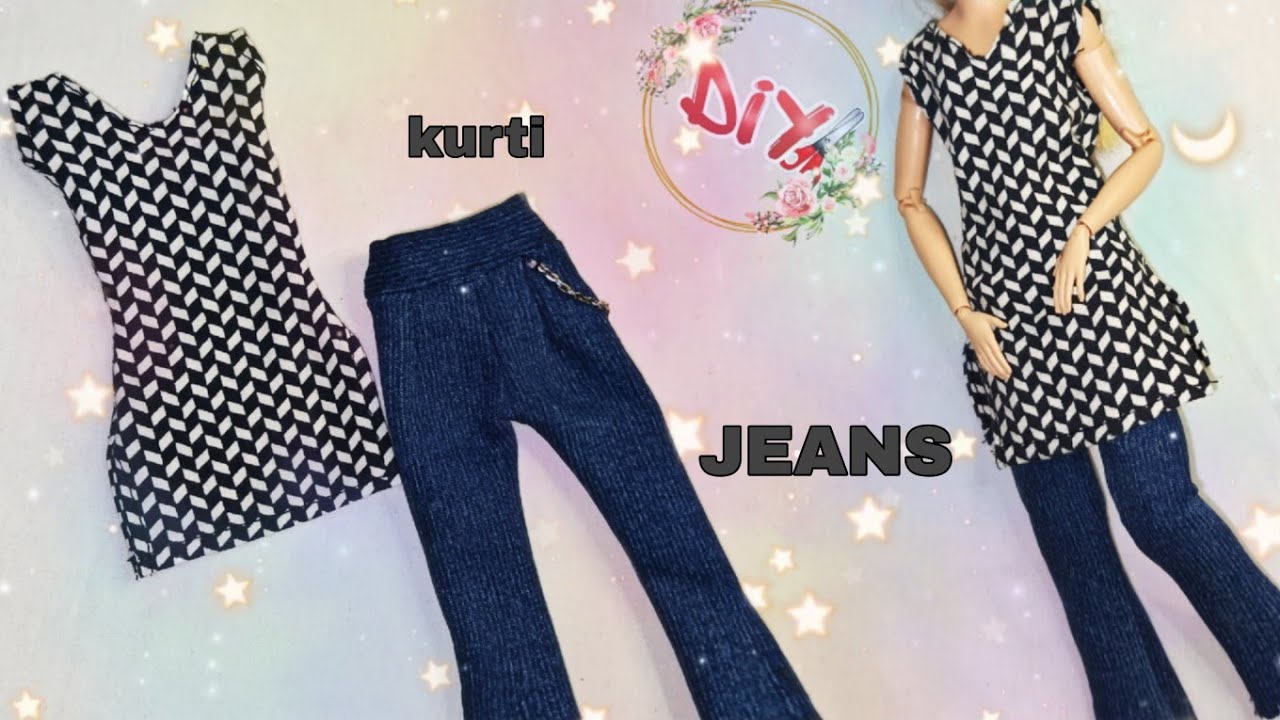 how to make jeans and sleeveless kurti at home | mini doll clothes | mini jeans and kurti | dollsdiy