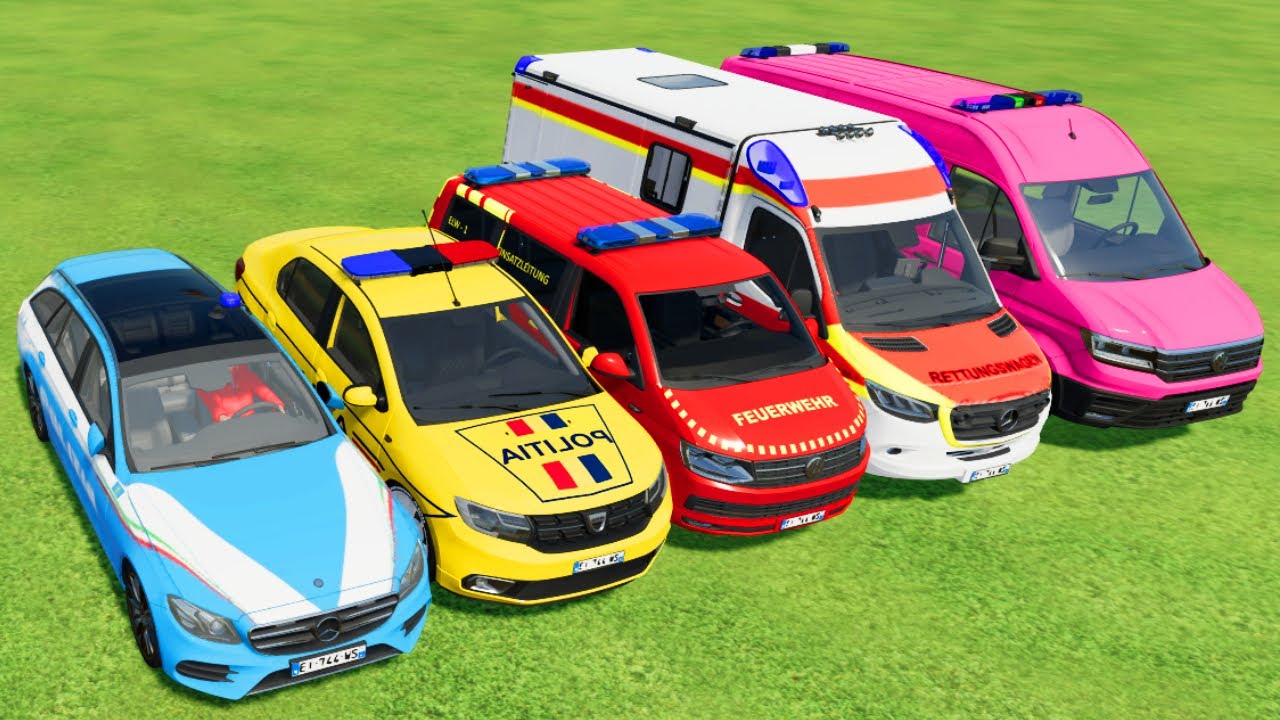 TRANSPORTING POLICE CARS and AMBULANCE EMERGENCY VEHICLES WITH TRUCKS TO THE GARAGE ! FS22