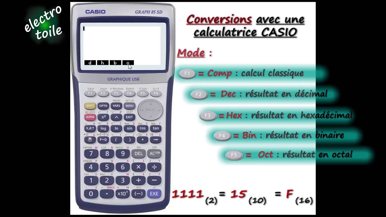 Conversions binaire, hexadécimal, décimal avec calculatrice casio