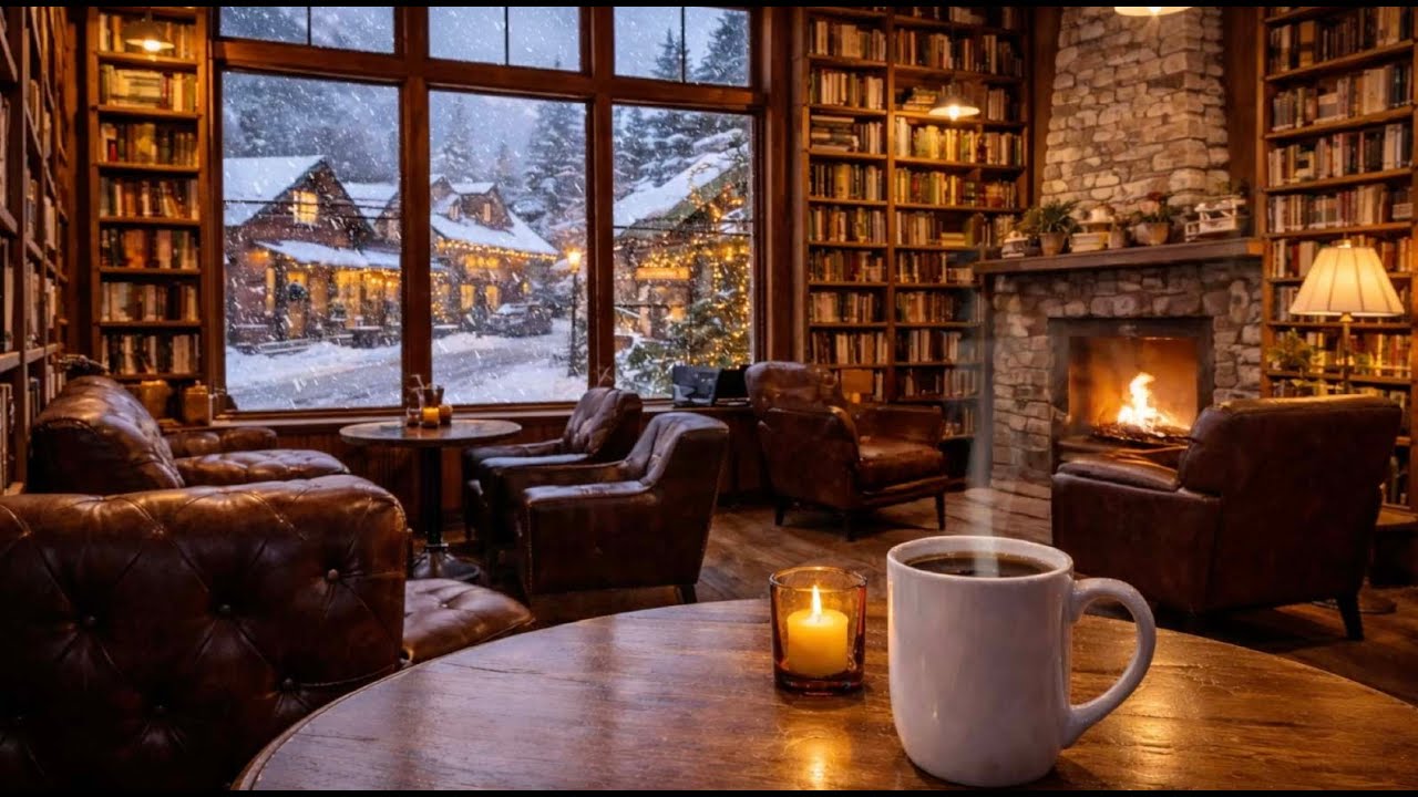 Cozy Snowy Café Library with Fireplace 🔥 Relaxing Jazz Ambience for Study, Sleep & Focus