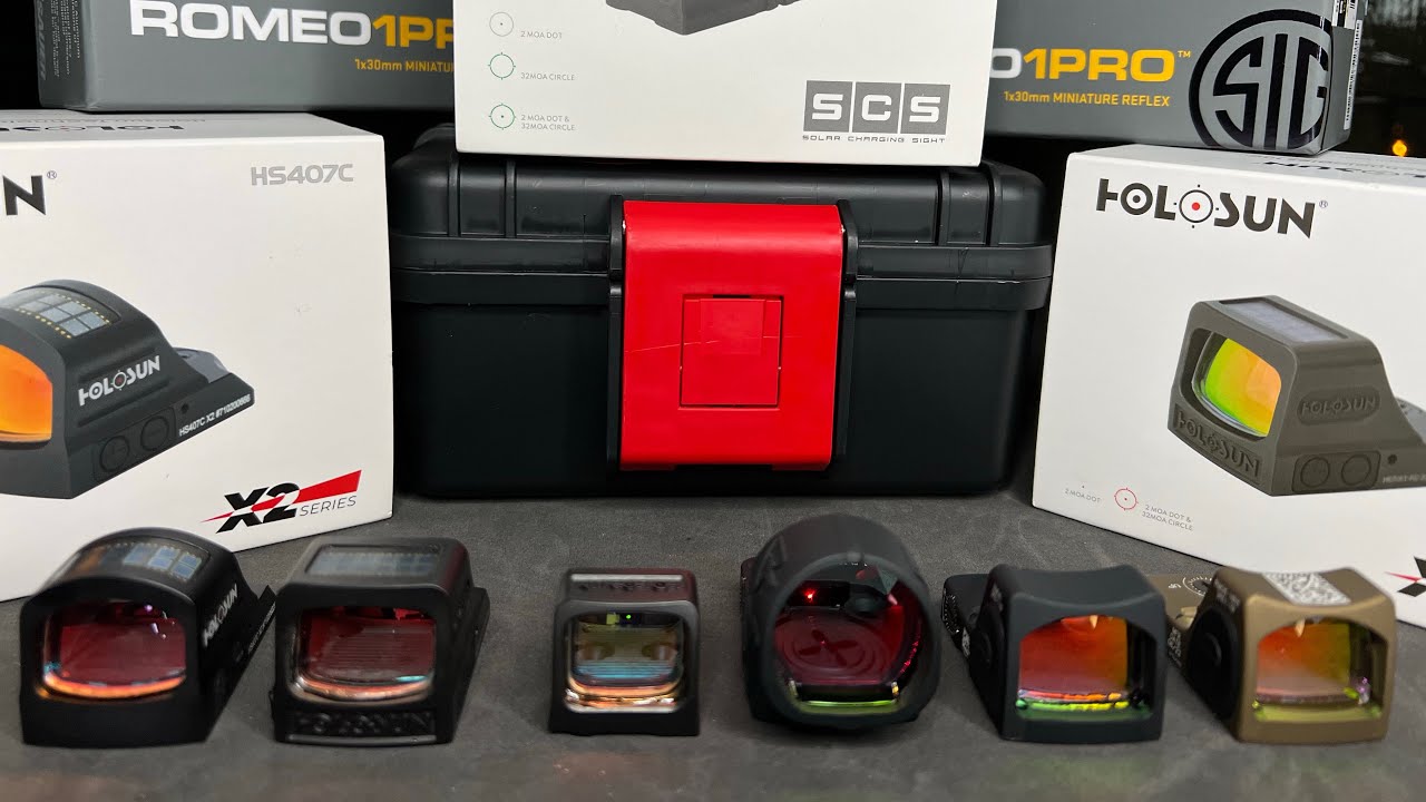 Comparativo Red Dots Holosun modelos 407C, 508T, SCS e Trijicon modelo SRO e RMR.