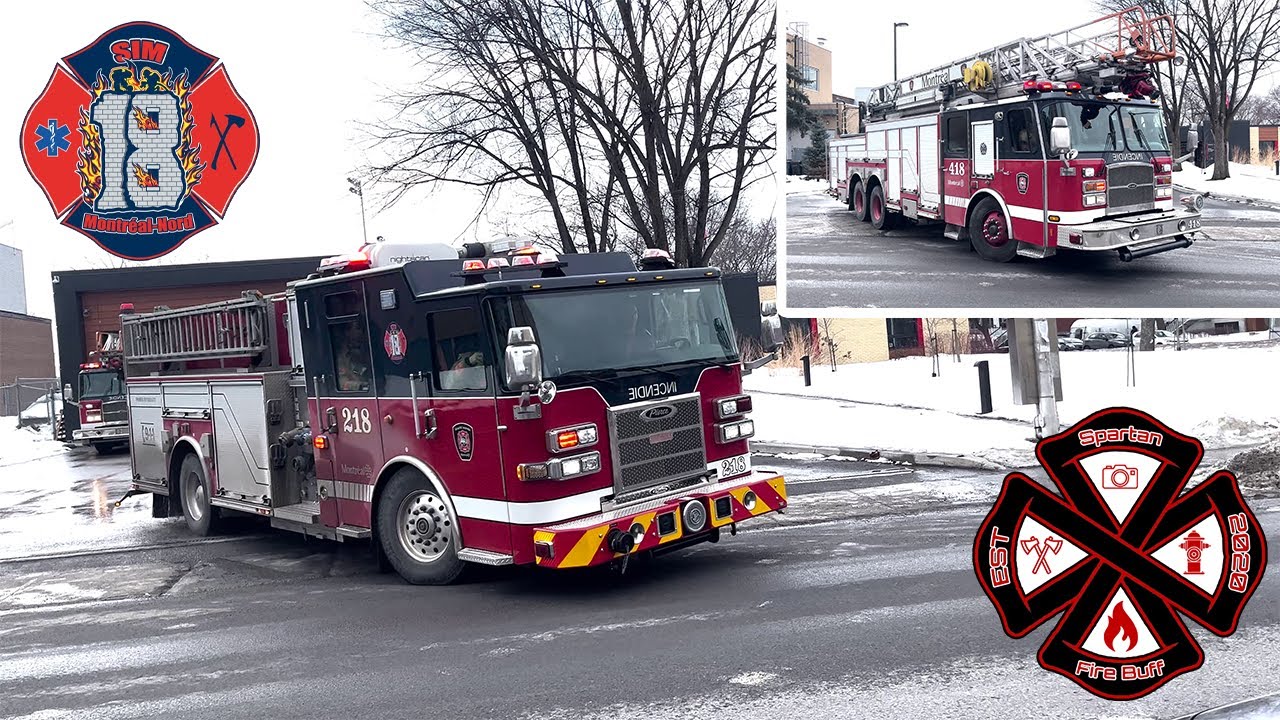 Montr&eacute;al-Nord l SIM pumper 218 and ladder 418 responding to fire alarm activation