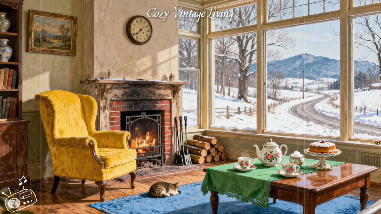 Snowy Countryside Afternoon ❄️ 1940s Vintage Jazz by the Fireplace | Cozy Tea Time Ambience
