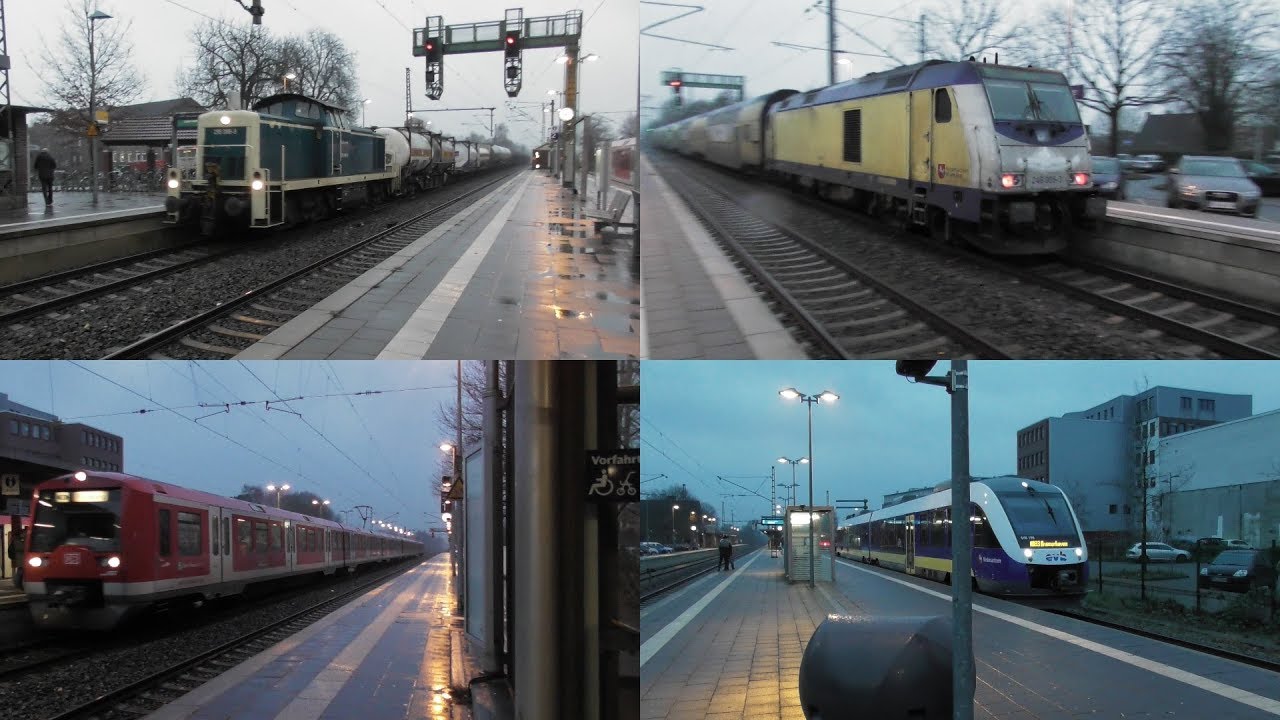 Bahnverkehr im Bahnhof Buxtehude(2018) mit Br 246, Railsystems 295, ET 474.3 und EVB Lint