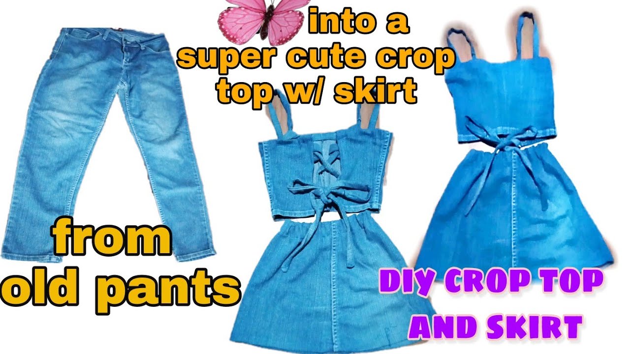 Diy Mini crop top and skirt terno from old pants / diy maong skirt / diy crop top maong