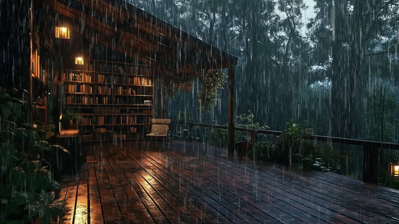 Serene Forest Library Ambience: Heavy Rain Sounds on an Open-Air Terrace for Deep Reading Focus