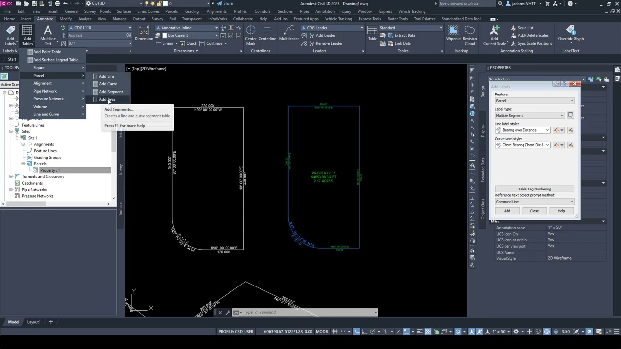 Civil 3D — Аннотирование сегментов участков и создание таблиц