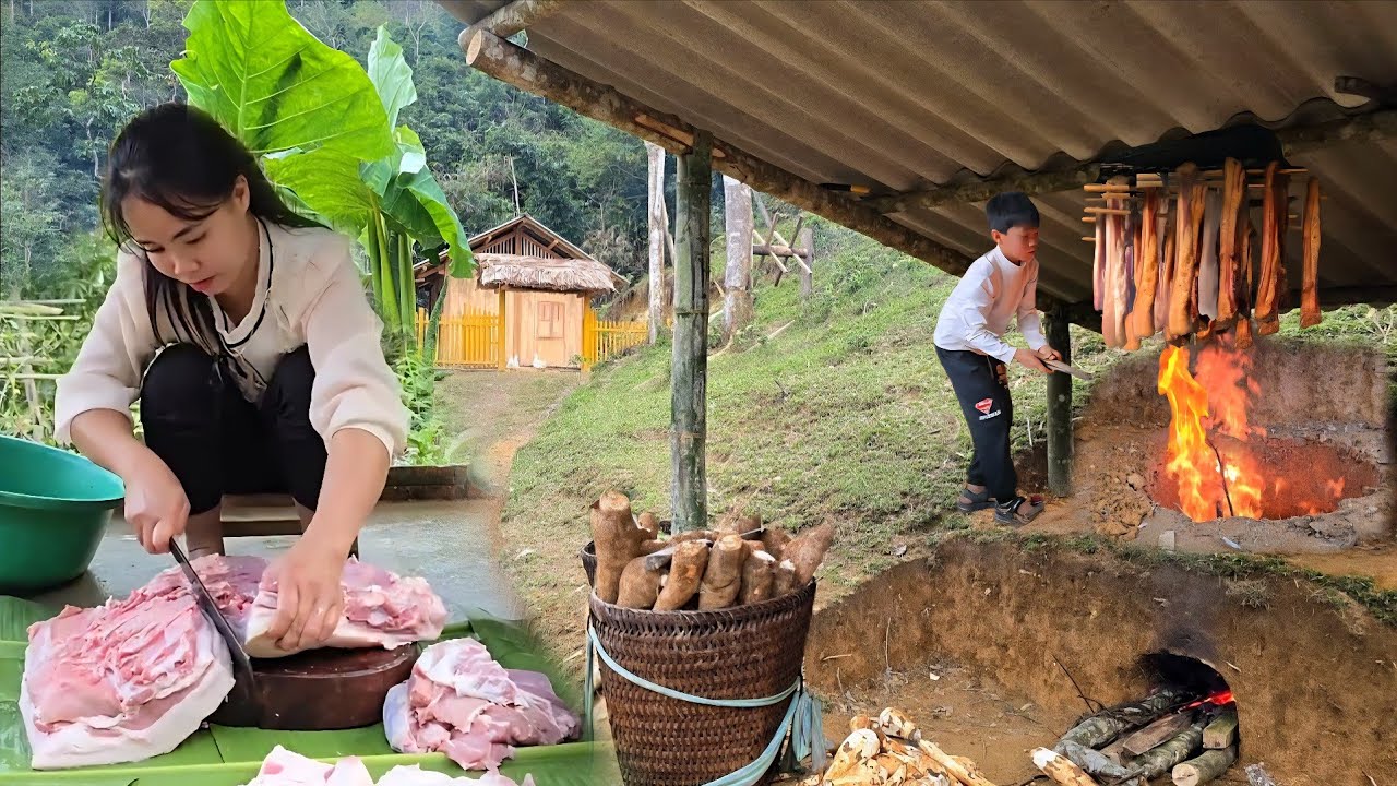 Woman builds outdoor wood stove and goes to market to buy processed meat to make smoked meat