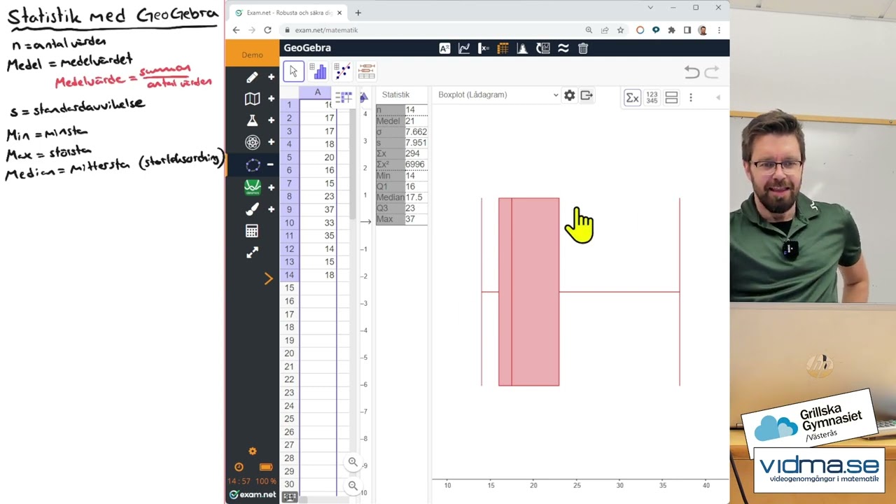 Matematik 2. Statistik med GeoGebra: Median, medelvärde, kvartilavstånd, variationsbredd, lådagram.