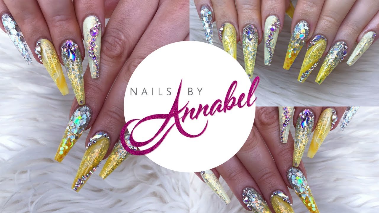 Yellow & Holographic All Acrylic Nails Design using Glitterbels || FULL SET ✨💛✨