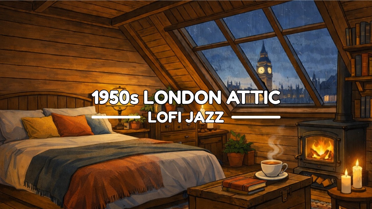 1950s Cozy London Attic Loft 🌧️ Rainy Night by Big Ben | Lofi Jazz for Relaxing, Studying & Sleeping
