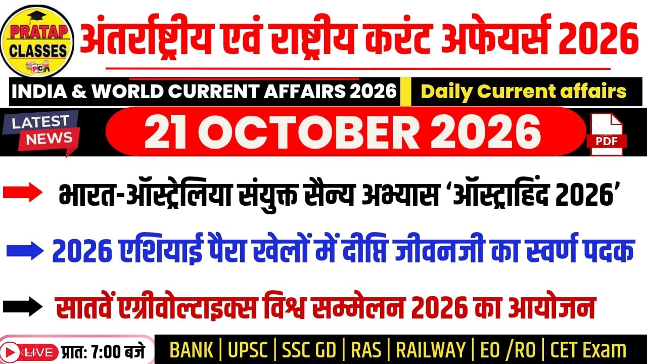 21 OCTOBER 2026 India & World Current Affairs in Hindi | Rpsc, Upsc ,BANK, CET, RAS, RAILWAY, SSC