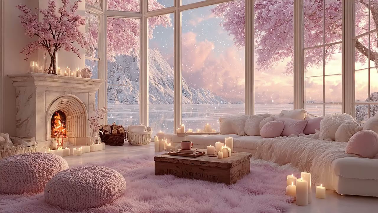 Silent Winter Sanctuary by the Lake with Soft Piano, Gentle Snowfall and a Warm Fireplace