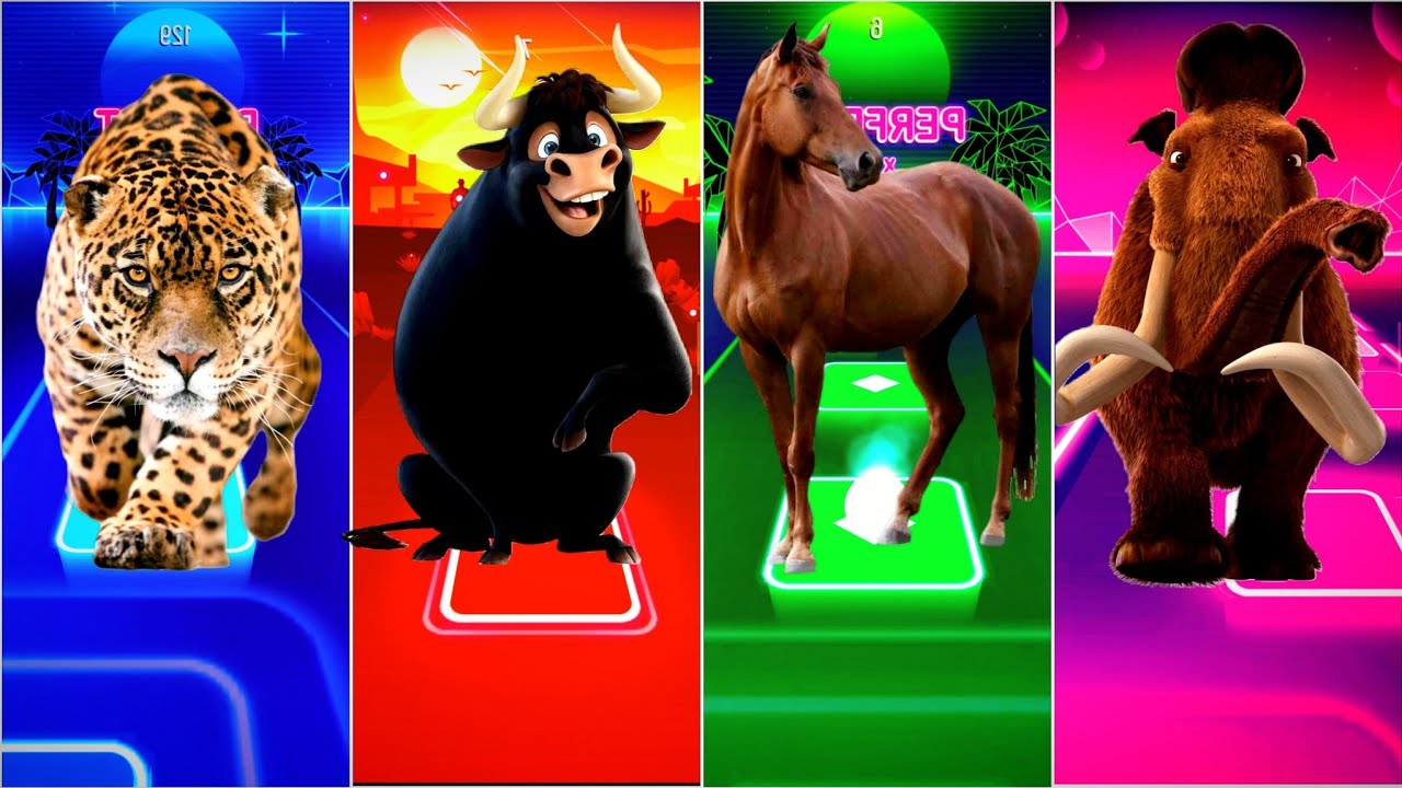 🐆 Funny Leopard 🆚 🐂 Ferdinand 🆚 🐎 Funny Horse 🆚 🦣 Funny Mammoth | Tiles Hop EDM Rush