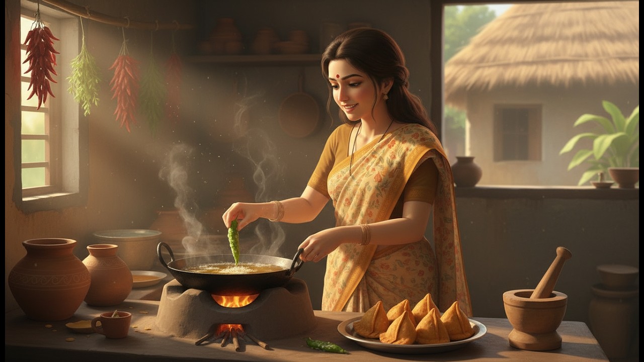 Simple Indian village life in 1974, ghibli style nostalgic family story.
