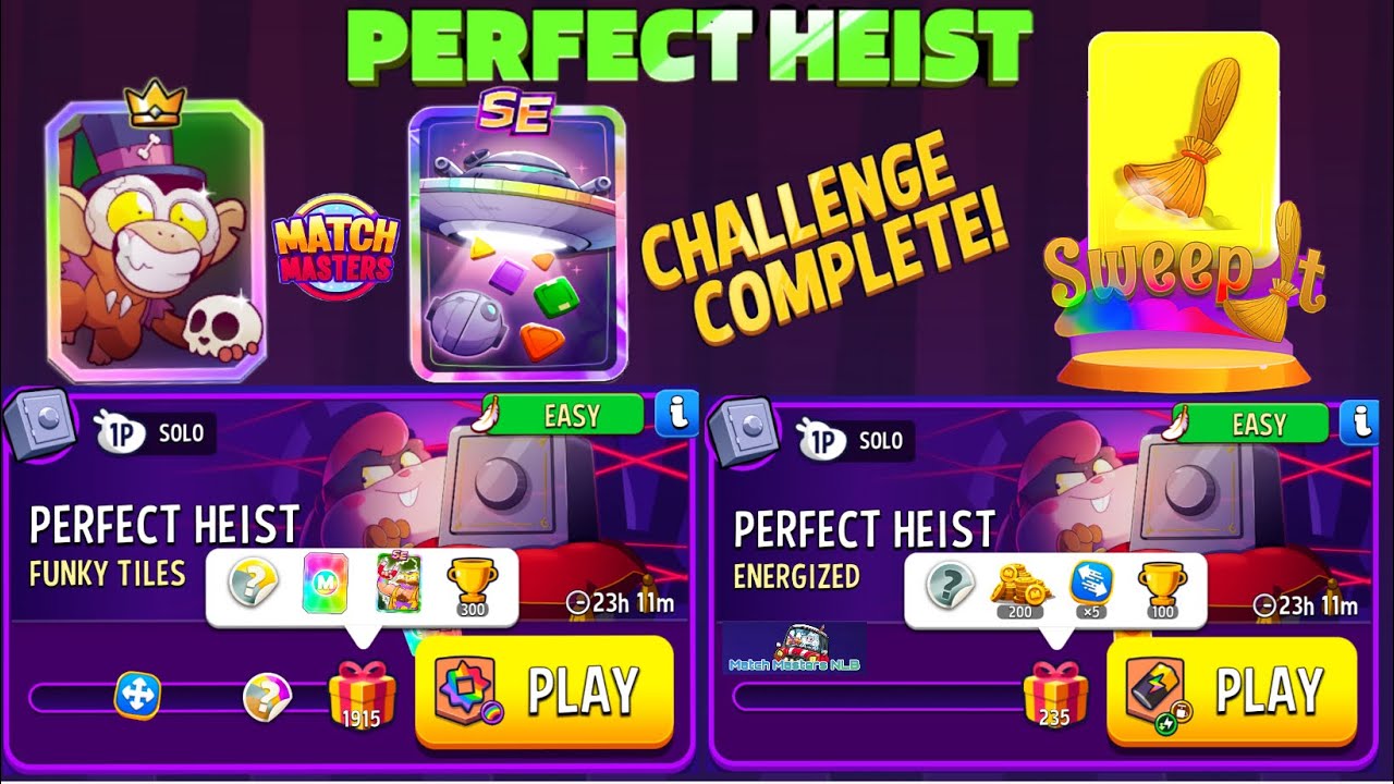 Play 2 Solo, Perfect Heist FUNKY TILES RAINBOW 1,315, ENERGIZED + Blow'EM Up 235 Score Match Masters