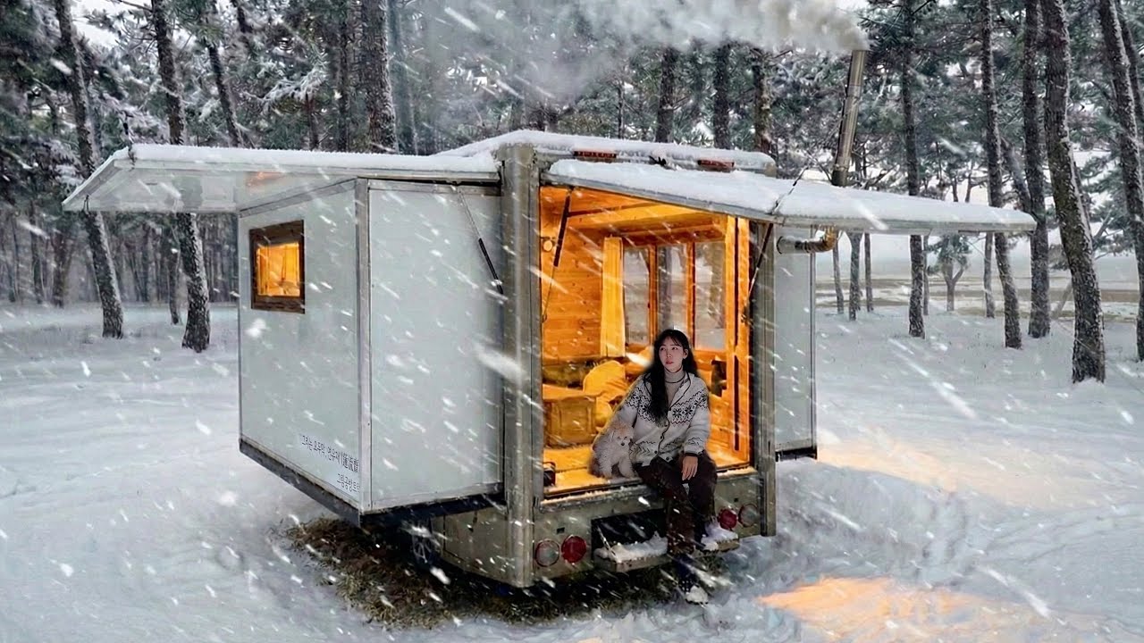 ❄️Уютный зимний отдых в грузовике с дровяной печью и собакой на заснеженном зимнем берегу моря /ASMR