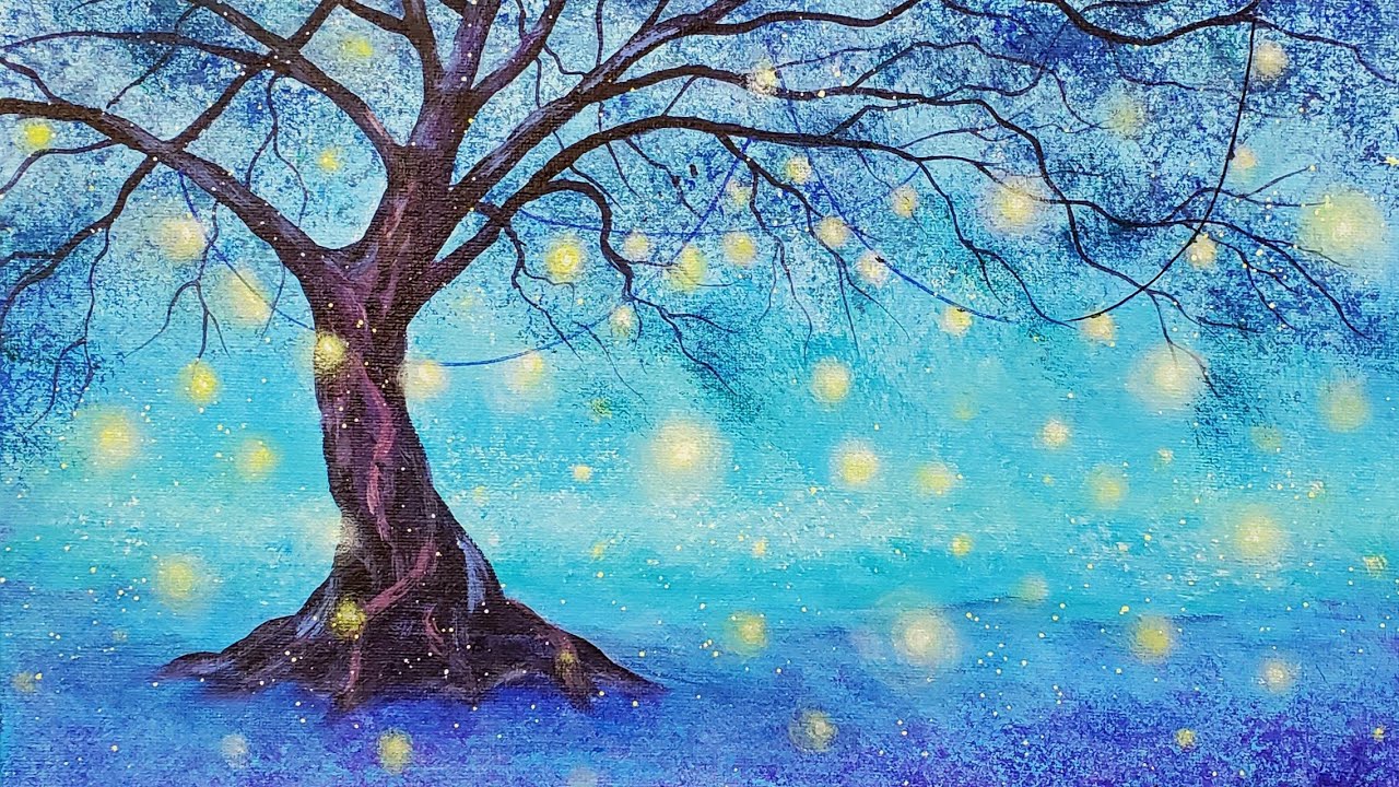 Easy Fireflies Tree Acrylic Painting LIVE Tutorial