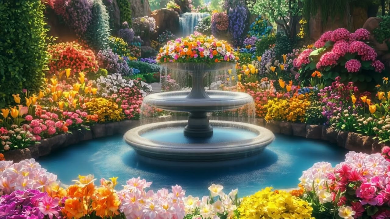 10 Hours Easter Garden Fountain in 4K | Relaxing Water Sounds & Spring Flower Ambience