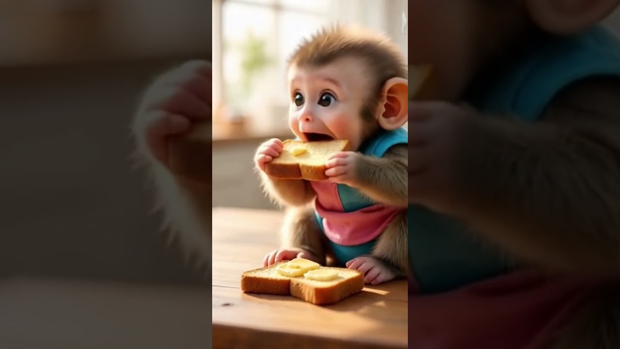 “Adorable Baby Monkey’s Morning Toast Ritual 🐒🍞💛”