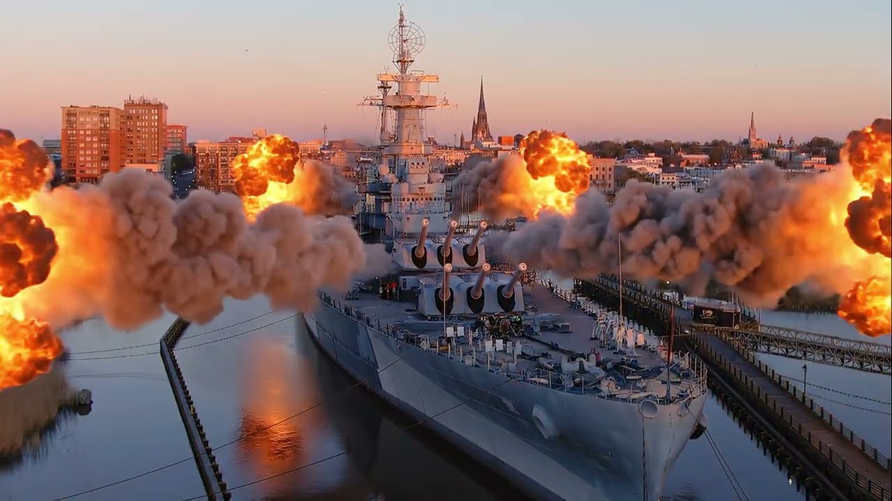 Wilmington waterfront and battleship AI at sunset 01 28 26
