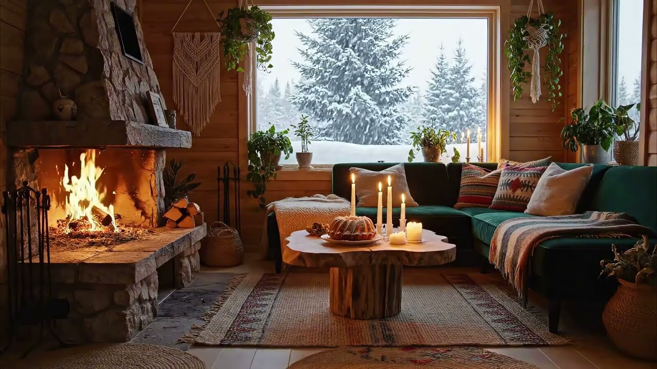 Cozy Winter Ambience: Soft Piano & Fireplace in a Boho Room