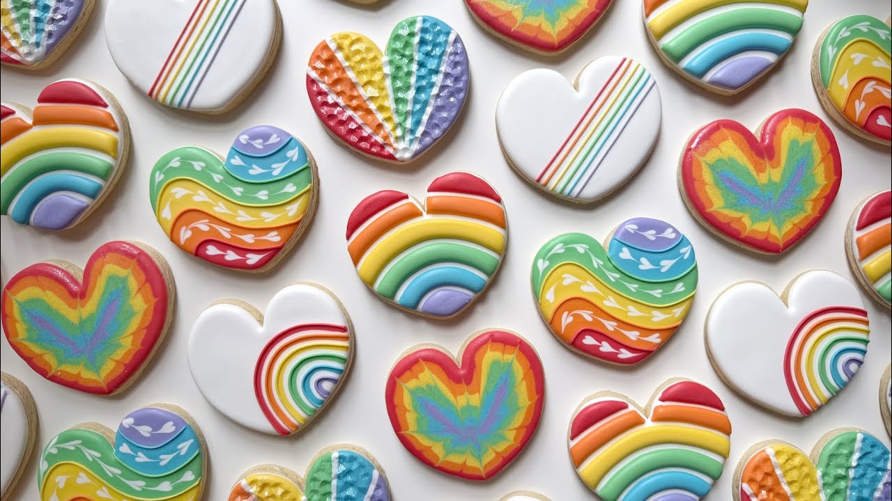 RAINBOW HEART COOKIES ~ Satisfying Decorating of Rainbow Heart Cookies with Royal Icing