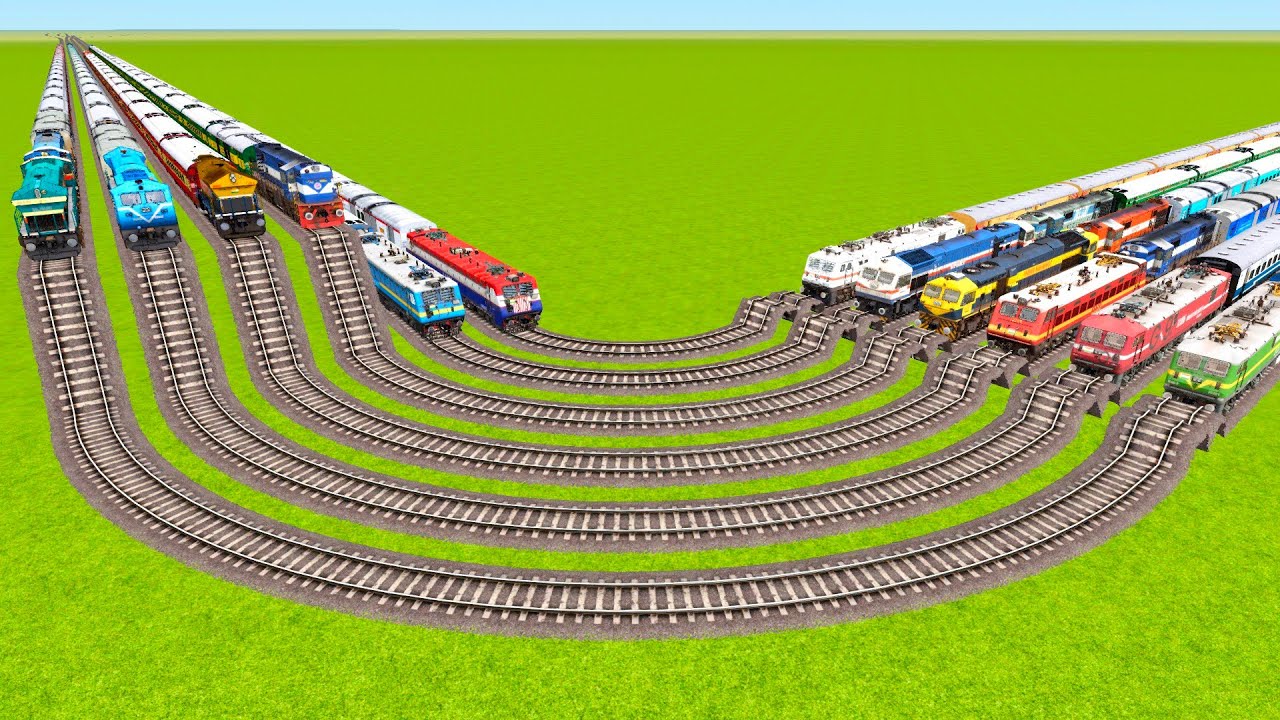 TWELVE TRAINS FACE TO FACE VS LOTS OF SPEED BREAKERS AND 100° DEGREE ROUND RAILROAD|Train simulator|