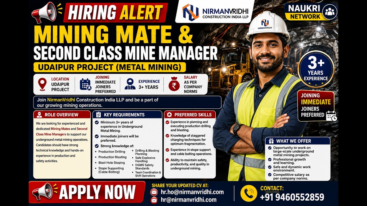 Hiring Alert 2026 | Mining Mate & Second Class Mine Manager | Udaipur Mining Project | 3+ Years |