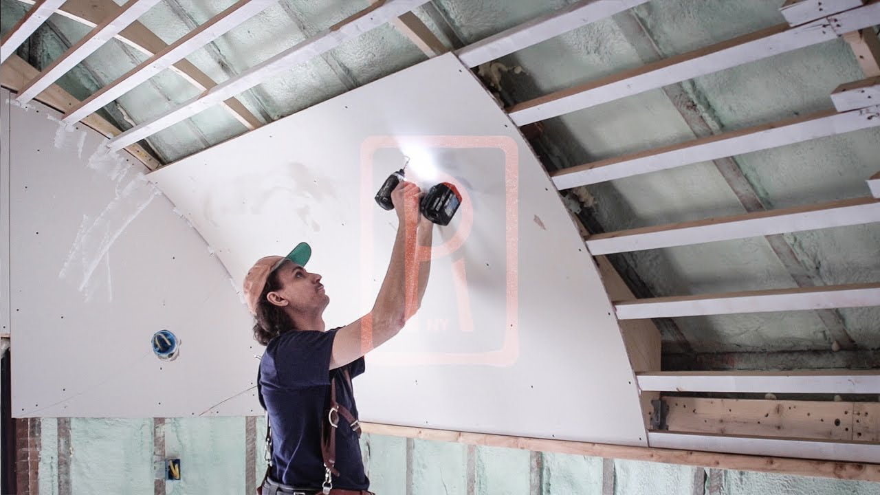 011 BENDING and installing DRYWALL on a curved ceiling, Bedroom Barrel Vault Ep.6