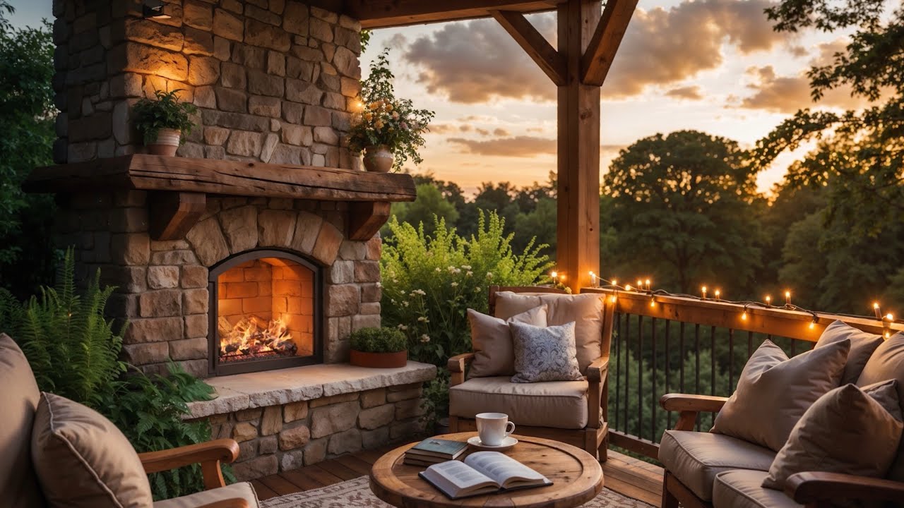 1 HOUR Cozy Porch Fireplace at Sunset 🌅🔥 Relaxing Evening Ambience in Nature