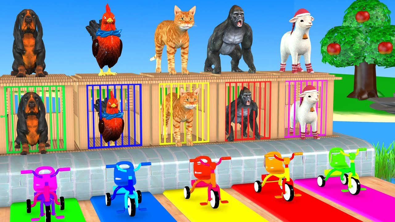 Длинная горка с коровой, слоном, гориллой, бегемотом, тигром, 3D-игрой с животными, забавными 3D-...