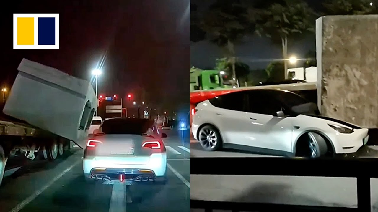 Driver in China survives after concrete block falls on car