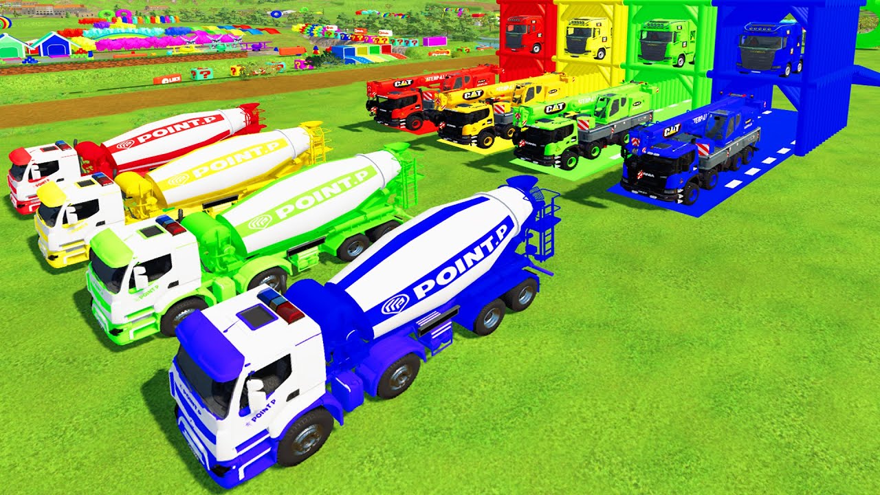 ТРАНСПОРТИРОВКА ВСЕХ ЦВЕТНЫХ АВТОБЕТОНОСЕЦ POINT P, КРАН SCANIA XT С ПРИЦЕПОМ SCANIA FLATEBD-FS22