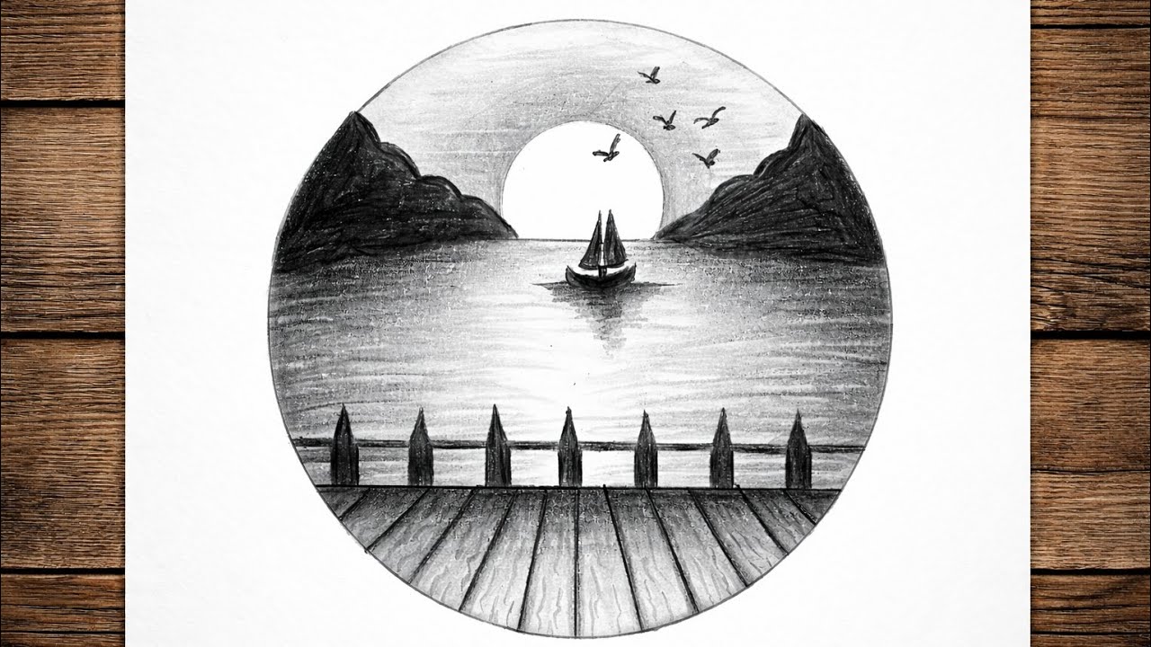 Simple Sunset Scenery Drawing | Easy Pencil Sketch Step by Step for Beginners
