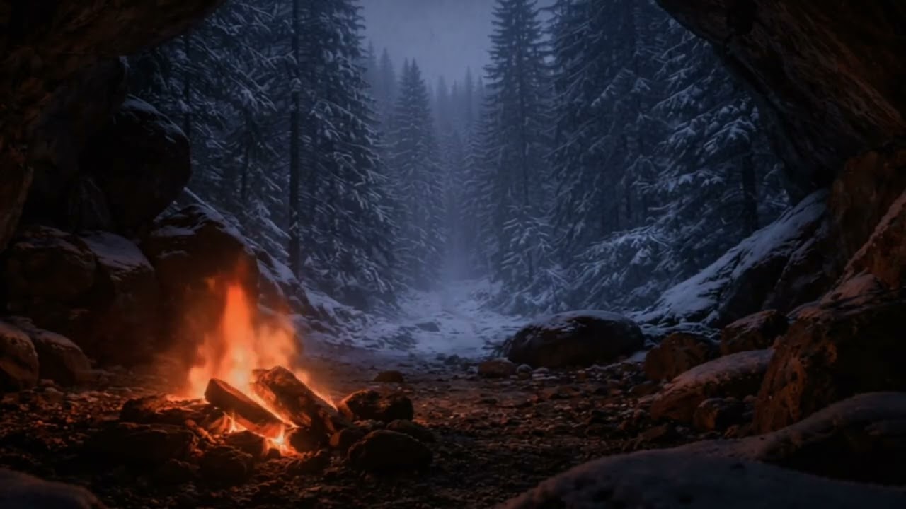 Sheltered in a Cave During a Snowstorm | Crackling Fire & Howling Wind | 3 Hour ASMR