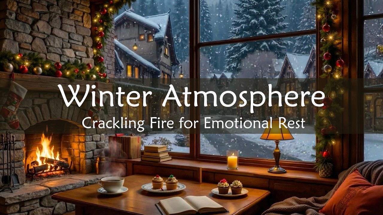 Winter Village Ambience | Crackling Fire & Soft Snowfall for Calm