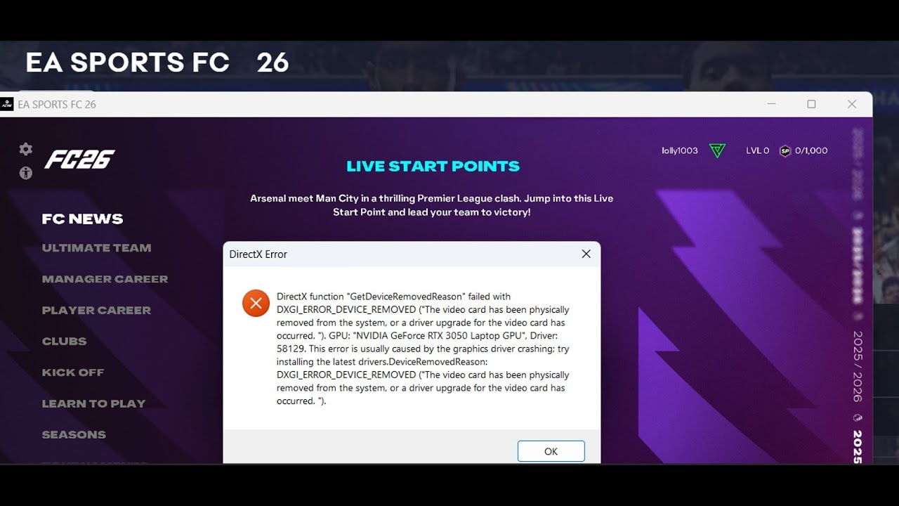 Исправление ошибки функции DirectX EA SPORTS FC 26 с ошибкой DXGI: устройство удалено/зависло/дос...